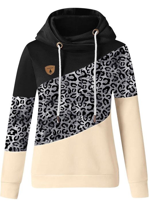 Cozevdent kapucnis női pulóver, pamut, leopárd mintás, fekete/szürke