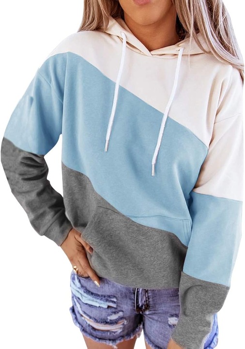 Cozevdnt hosszú ujjú női kapucnis pulóver, pamut, szürke/kék