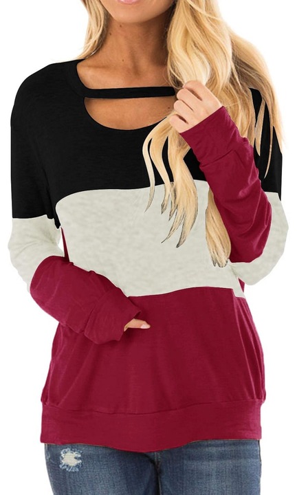 Hosszú ujjú női pulóver, Cozevdnt, pamut, fekete/piros