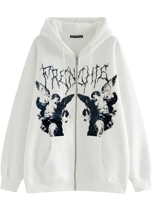 Kapucnis pulóver Cozevdnt mintával, poliészter, fehér