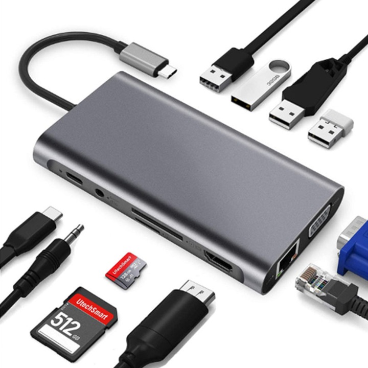 Хъб 11 в 1, BGHYHYHI, HDMI, Type-C, сив