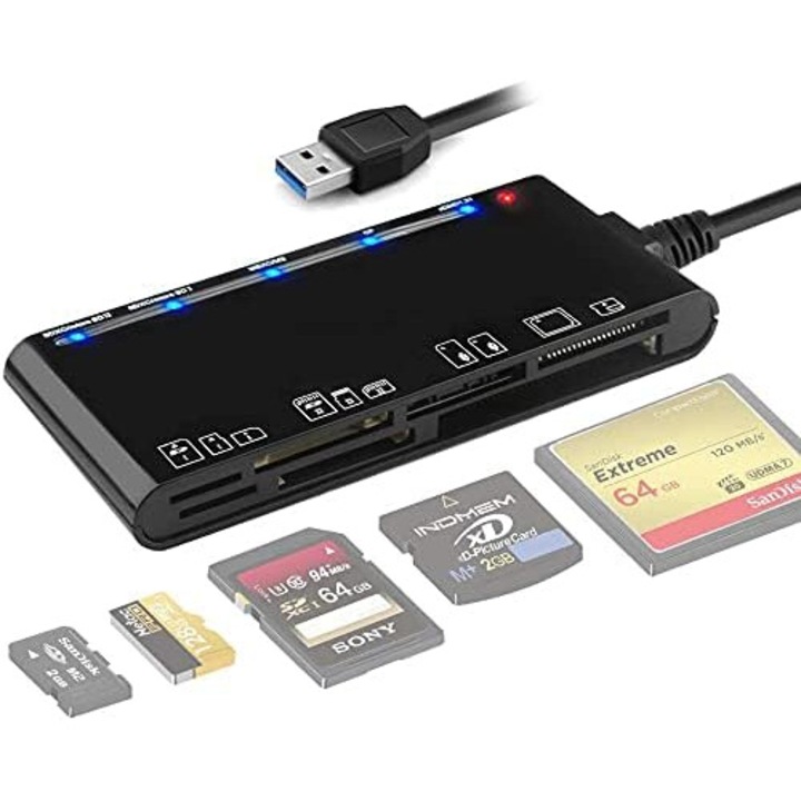 Четец на карти 7 в 1, AMRINUGL, USB 3.0, поддръжка на CF/SD/TF/XD/MS/Micro SD, черен