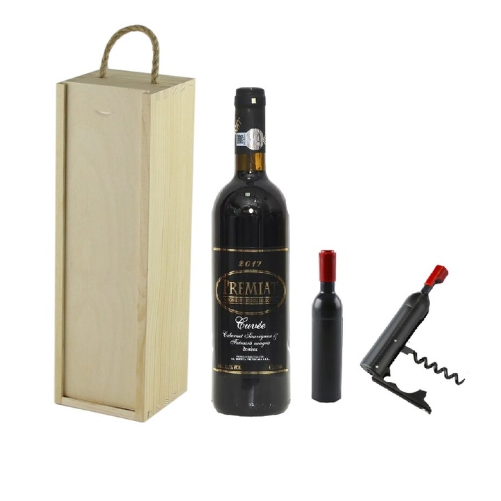 Set cadou Wood Wine Box cu cutie vin depozitat si transportat, vin Premiat, ambalaj decorativ