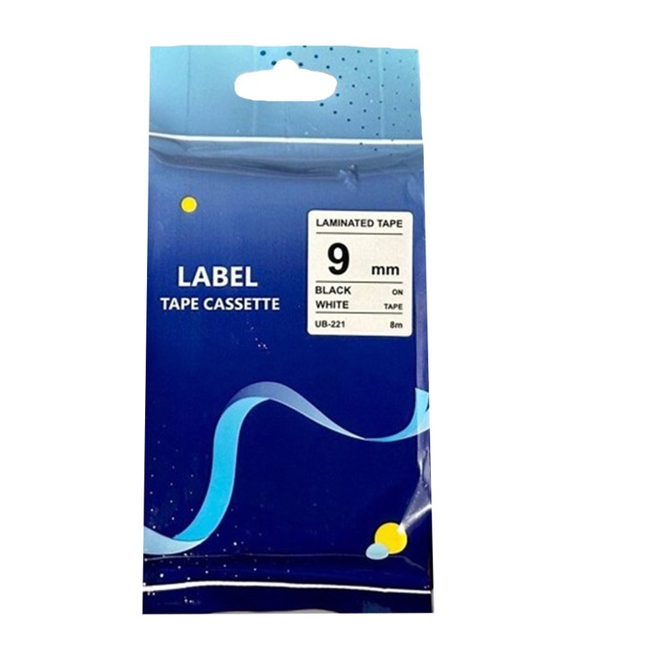 Caseta cu banda pentru etichete, JUP, 9 mm latime/8 m lungime, Negru