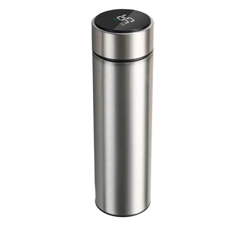 Termosz, QttvbTna, LED hőmérséklet kijelző, rozsdamentes acél, csúszásmentes, ezüst, 500 ml