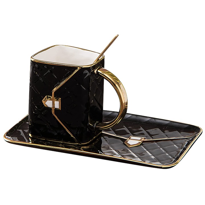 Set cana ceramica in forma de poseta cu farfurioara si lingurita, negru