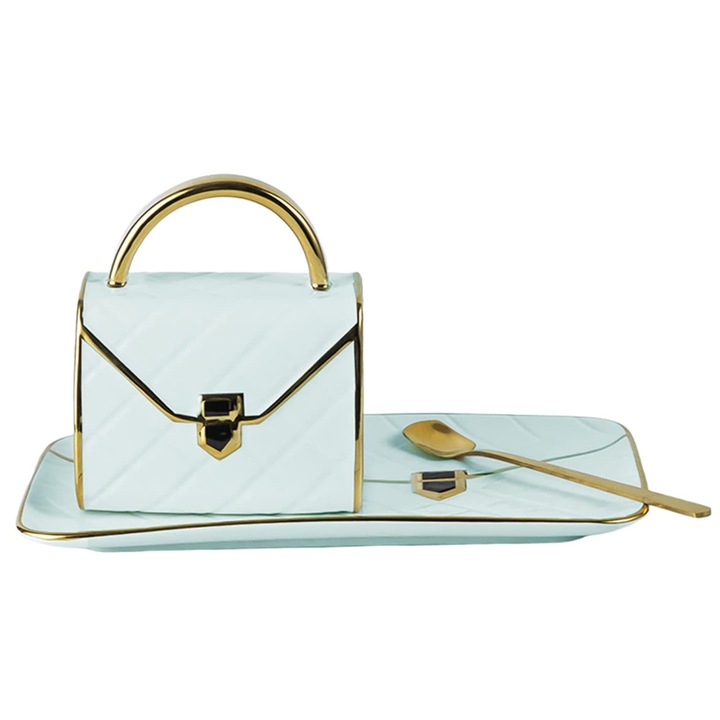 Set cana ceramica in forma de poseta, Portelan, Albastru