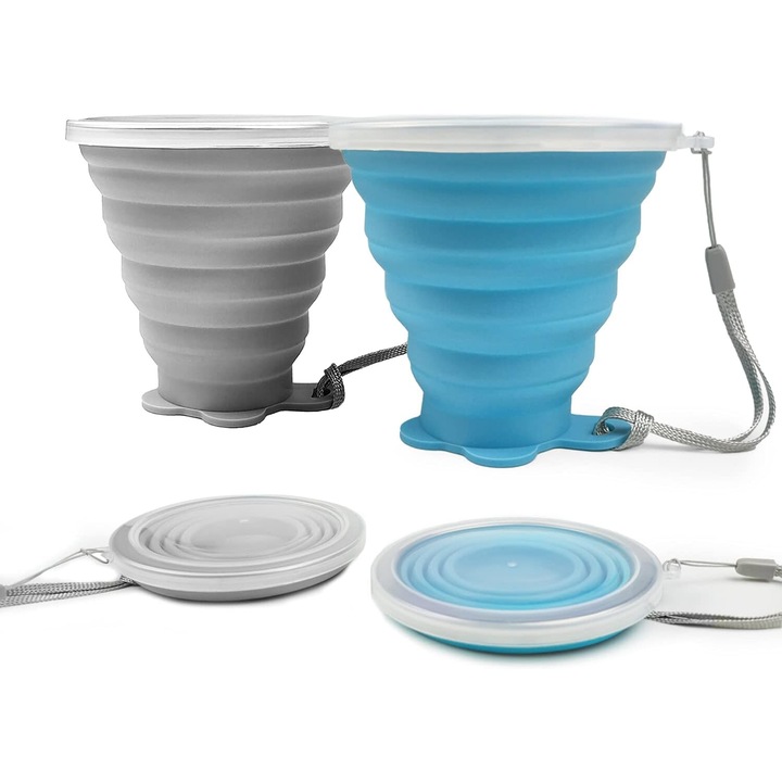 Cupa pliabila din silicon Enforose, design ultra-subtire, margine din otel inoxidabil, capac din plastic, pentru aventuri in aer liber