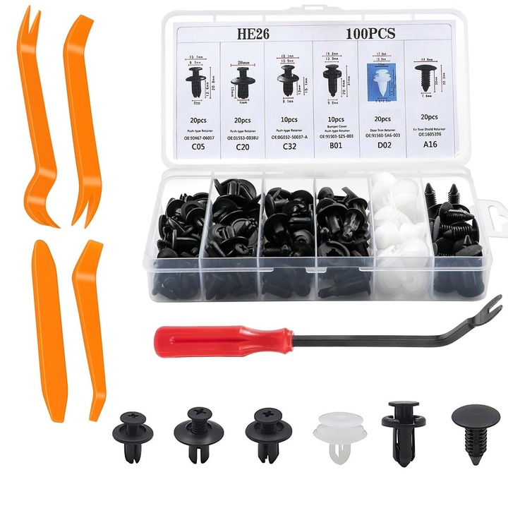 Set cleme - clipsuri reconditionare auto, 105 piese, 6 dimensiuni, Cu unelte, universale, plastic
