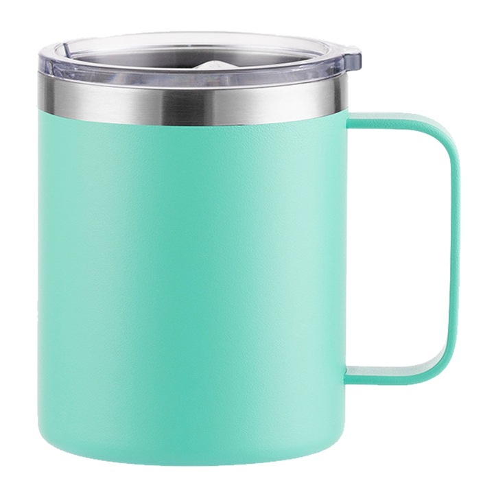 QttvbTna hőszigetelt bögre, rozsdamentes acél, átlátszó fedél, fogantyú, 12oz