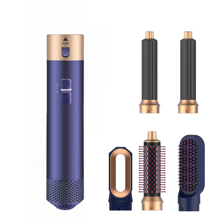 Perie termica Gquemicl, set 5 in 1, tehnologie ionica, 3 trepte temperatura, albastru si auriu