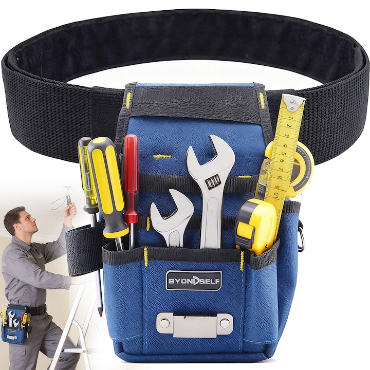 Geanta pentru Scule Compacta, BYONDSELF®, 8 Buzunare, Centura Reglabila, Impermeabil, pentru Electrician, Tamplar, Mecanic, 26×8×15cm, Albastru