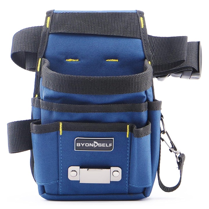 Чанта за инструменти BYONDSELF, 8 джоба, регулируем колан, водоустойчива, за електротехник, дърводелец, механик, 26×8×15 см, син