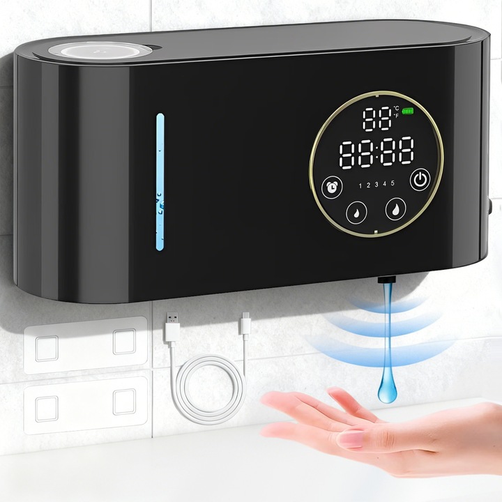 Dozator de Sapun Lichid, BYONDSELF®, 5 Niveluri de Dozaj, Prindere de Perete, Senzor de Miscare, Fara Atingere, 500 ml, Afisaj Temperatura si Ora, 1800mah, pentru Baie, Bucatarie, Negru