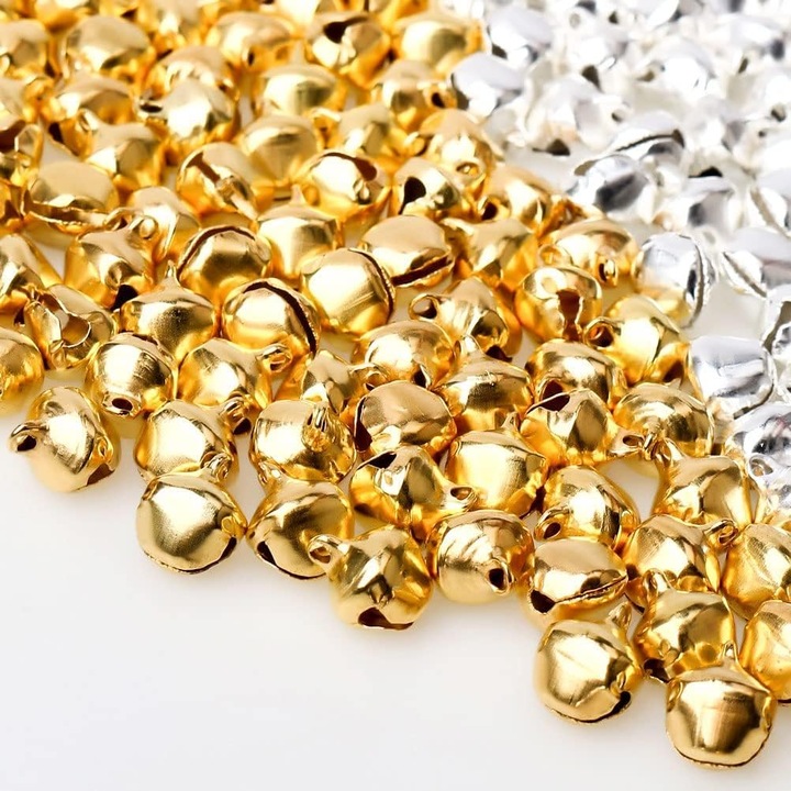 Set 120 Ornamente de Craciun, Clopotel, Metal, 10 mm, enkourakoko®, Auriu/ Argintiu