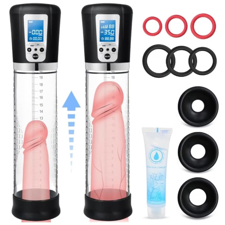 Elektromos péniszpumpa, férfi pénisz megnagyobbításához, EXCITAT, 4 szintű szívóerő, péniszerősítő gyakorlatok, USB újratölthető, légnyomásos eszköz, fekete