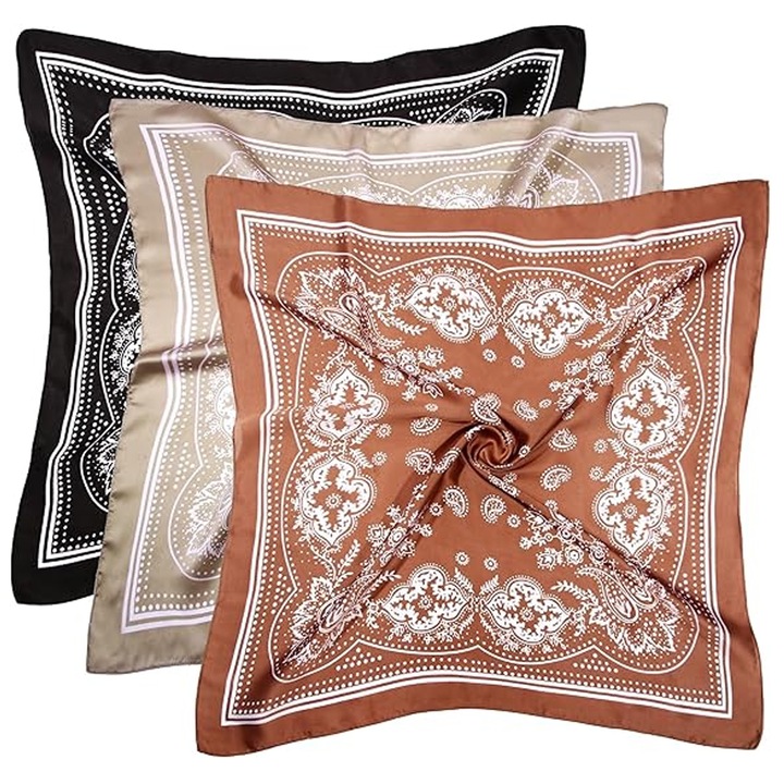 Set 3 Esarfa De Matase, Axroad Mall, Imprimare fata-verso, Subtire vara, la moda si versatila, Matasoasa si confortabila, Eleganta si delicata, Poate fi purtat ca esarfa de insotitor de bord, cravata, esarfa de par, 70 x 70cm, Multicolor