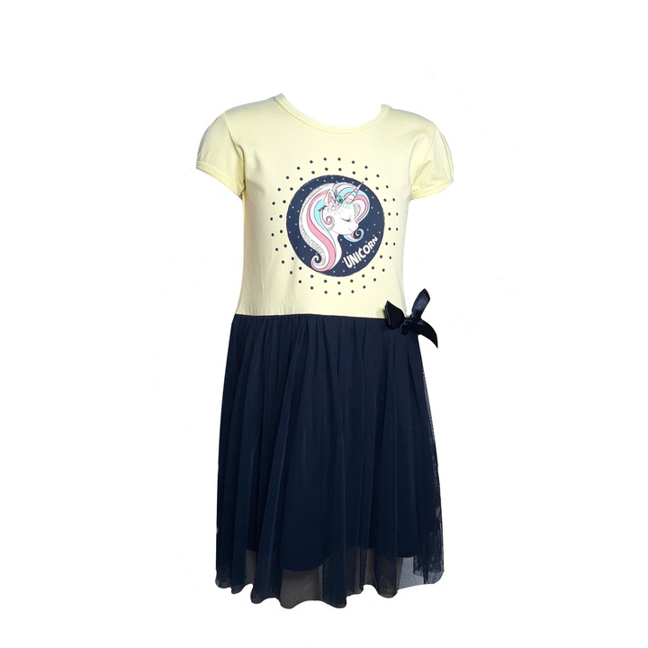 Rochie fete, din bumbac, albastru inchis si galbenaqzas, Bleumarin inchis