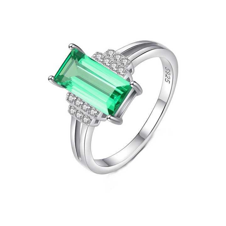 Inel din Argint cu Smarald verde si Cristale Zirconiu, placat cu Rodiu, Cecelia Emerald, Dama, Marimea 8