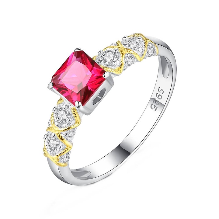 Inel din Argint cu Rubin rosu si Cristale Zirconiu, placat cu Rodiu, Mabel Ruby, Dama, Marimea 6
