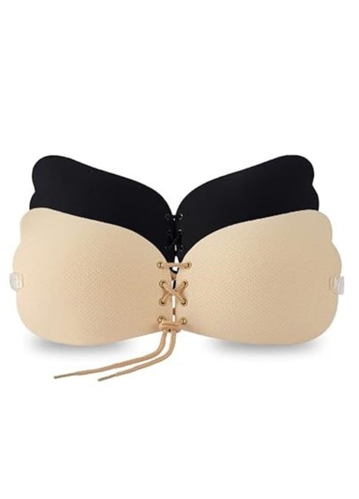 Set 2 sutiene adezive din silicon si poliester, push-up, marimea A, negru/bej