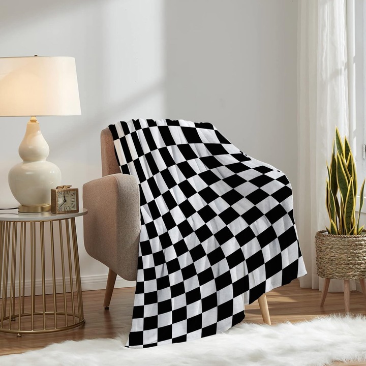 Patura in carouri, alb, negru, pentru utilizare in toate anotimpurile, microfibra pufoasa, super moale, pentru canapea, canapea, 127x150 cm