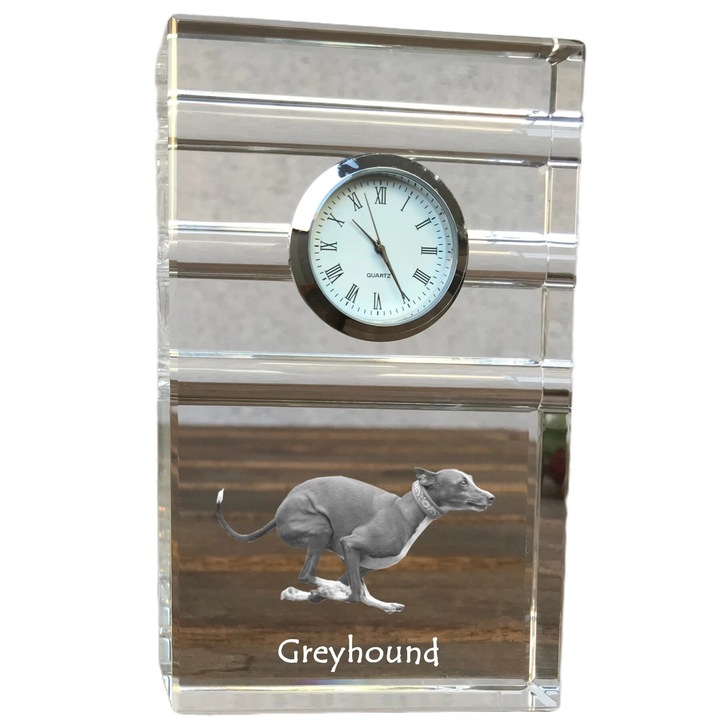 Dekoratív óra, Art-Dog, Agár, optikai kristály, 14x8,6x2,4cm, fényképpel személyre szabva