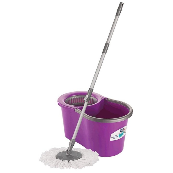 Set Complet De Curatenie, Galeata cu Storcator si Mop Rotativ 360 grade din Material Rezistent, Coada Mop Metal Telescopia, Capacitate Galeata 16 LT, Rezerva Mop 100% Microfibra Super Absorbanta, Sita Centrifugare cu Sistem Antistropire, Mov