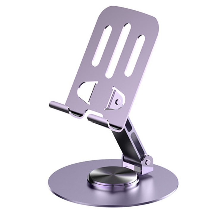 Összecsukható asztali telefontartó, 360°-ban elforgatható, szénacél, okostelefonokkal és táblagépekkel kompatibilis, lila, 90x110x35mm