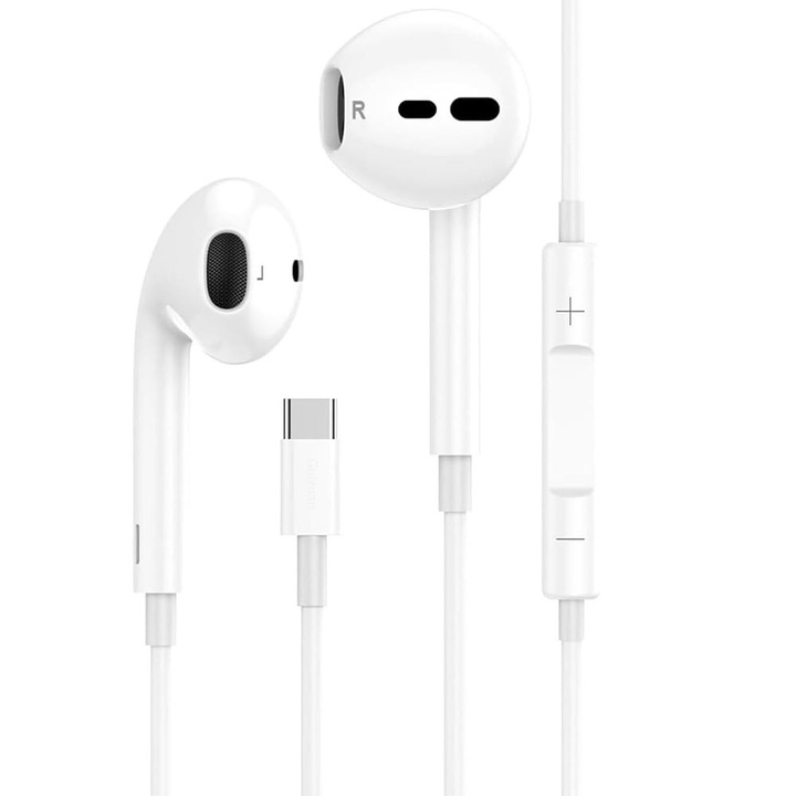 Telefon fejhallgató, USB-C, TYPE-C, Samsung/Huawei/Xiaomi/iPad, iPhone, Honor, Beépített mikrofon, Fehér