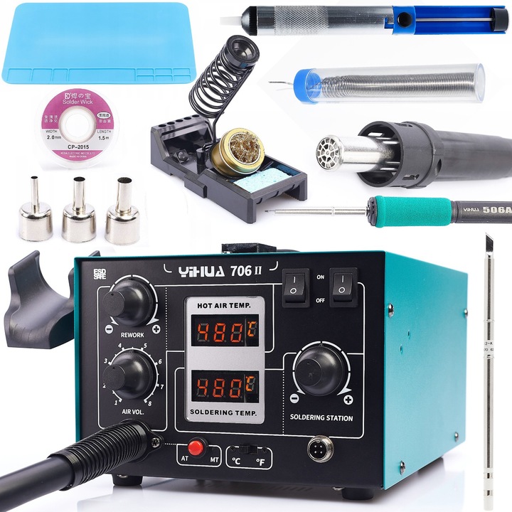 Statie de lipit profesionala 2 in 1 Hot-Air + T12, TECHREBAL Yihua 706 II, set 9 accesorii, 670W, 300x200mm