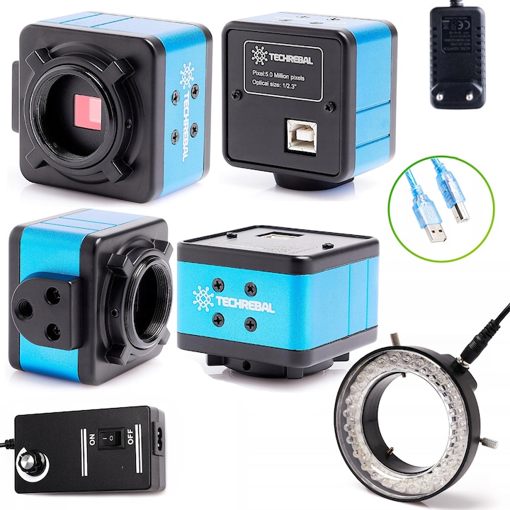 Комплект микроскопи TECHREBAL T250, 5MP USB камера, регулируем 56x LED осветител, 2592x1944px, син