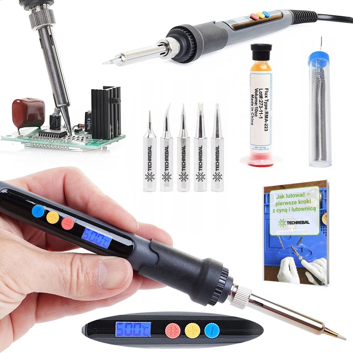 Комплект за запояване, TECHREBAL NightIron, 60W, LCD дисплей, 5 алуминиеви накрайника, калай, флюс, многоцветен