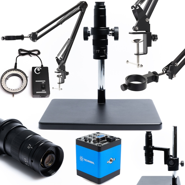 Микроскоп, TECHREBAL, Цифров, регулируемо осветление, носещо рамо 50 mm, FULL HD камера, черен