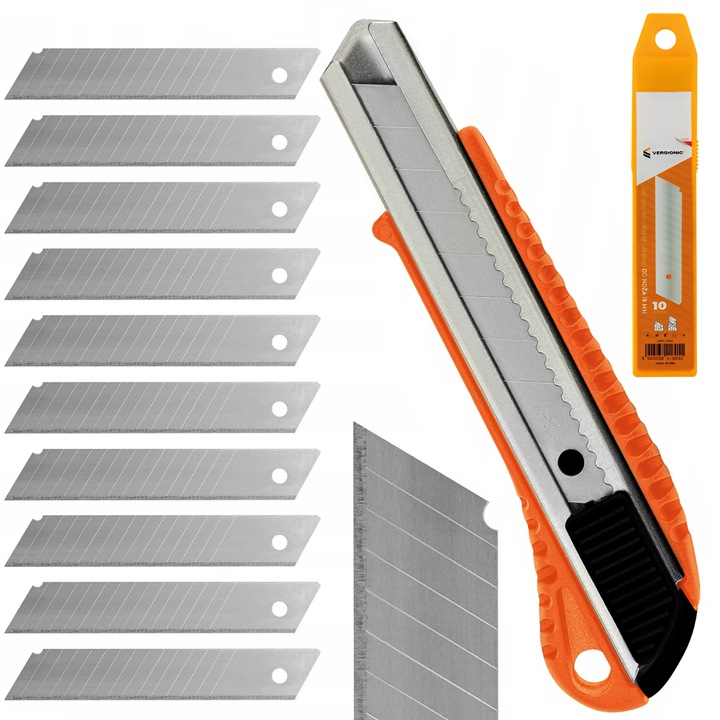 Set cutit economic cu lama retractabila si 10 lame 18mm, rosu