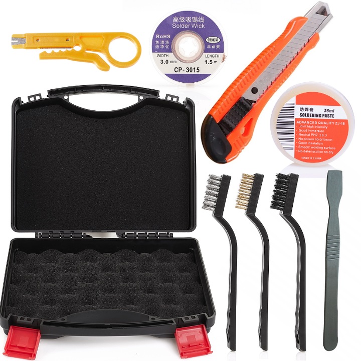 Set accesorii pentru pistol de lipit Techrebal, 3 perii, valiza, pasta de lipit 20g, spatula, banda de dezlipire 3mm, taietor de izolatie