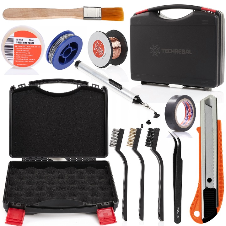 Set accesorii pentru pistol de lipit Techrebal, 3 perii, valiza, pasta, cutit, banda izolatoare, fir de cupru, penseta, cositor 5.5g, 120mm penseta