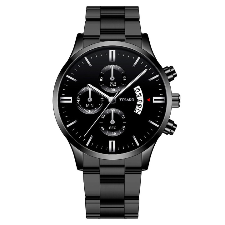 Ceas barbatesc Yolako, calendar, 3 subcadranuri, curea din otel, negru / argintiu