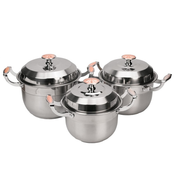 6 db-os edénykészlet, Naimeed D6714, Rozsdamentes acél, űrtartalom 4,5L, 6L, 7,3L, Rozsdamentes acél fedél