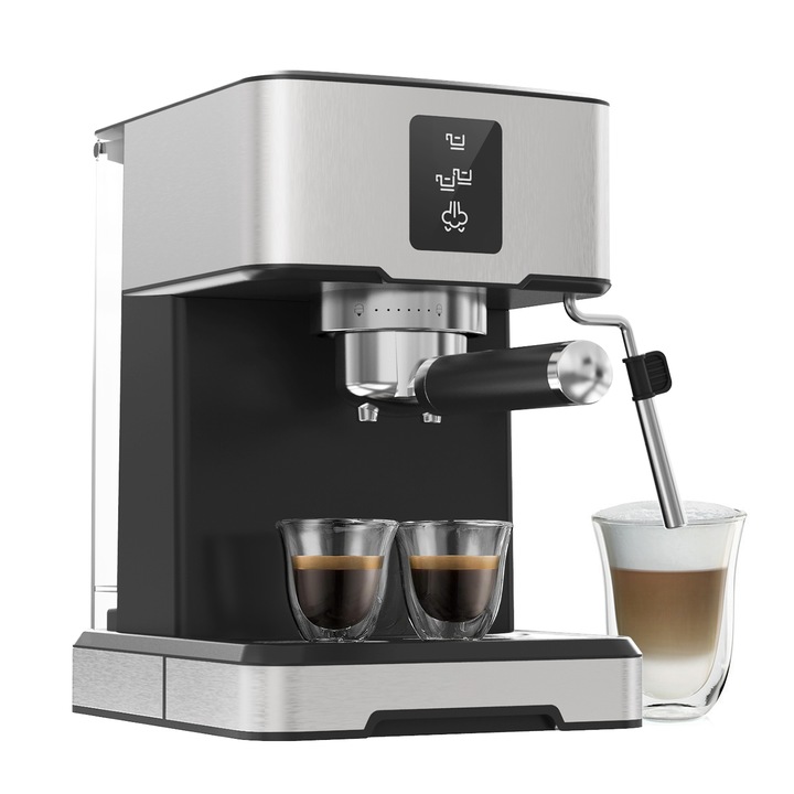 Espressoare manual, capsule/ E.S.E pad/ cafea macinata 3 in 1, incalzire rapida 15s, pentru cappuccino si latte, dozare personalizabila a apei, rezervor de apa detasabil de 1.5L, ecran tactil, oprire automata, negru/argintiu