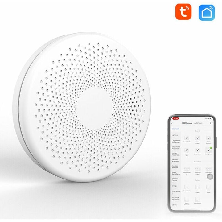 Detector de monoxid de carbon si fum, Bizaical, functie alarma sonora si LED, conectivitate WiFi, alb