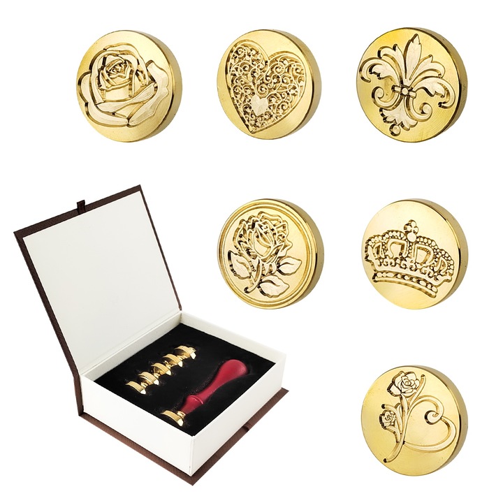 Set de stampile MEEQIAO, 5 varfuri din alama + maner din lemn, auriu