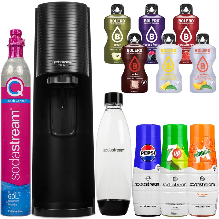 SodaStream Szódagép Terra Black, 1 palack, 1L, fekete + Pepsi + Mirinda + 7up + Bolero