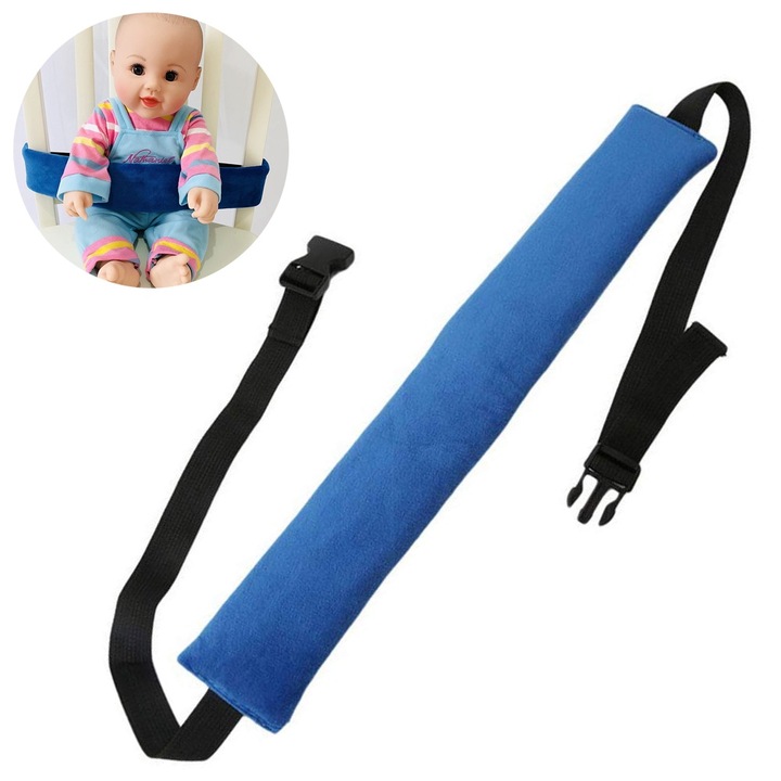 Centura de siguranta pentru scaun de masa, universala, albastra/neagra/gri, lungime 47cm, latime 6.5cm, grosime 1cm, extensibila, set 1 buc.