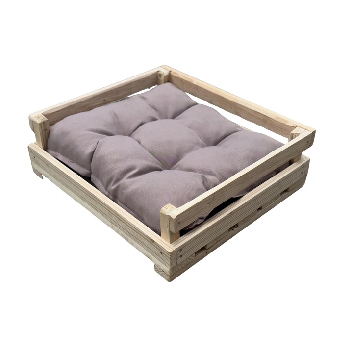 Culcus pat din lemn pentru caini si pisici, cu perna confortabila - 55 x 49 x 17 cm