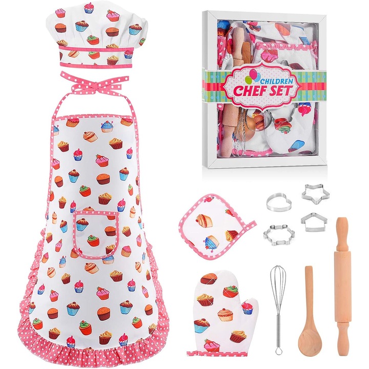 Gyerek konyhai készlet, sapka, kötény, kesztyű, 4 tortaforma, kék, 3-6 éves korig