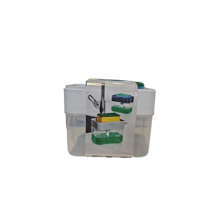 Dozator detergent lichid Mr.Boss, 140x95x110 mm, burete inclus, transparent si capac alb