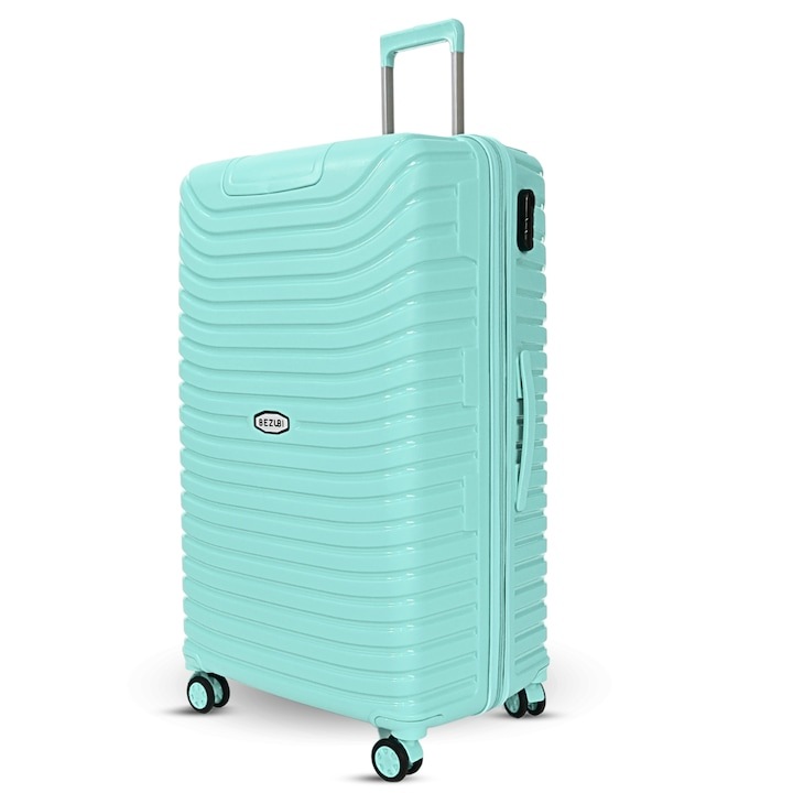 Куфар Bezubi Easy Travel, ръчен багаж, 55x40x20, обем 44 l, телескопична дръжка, 4 безшумни двойни колела, въртене на 360 градуса, затваряне с цип и цифри, разделяне с джоб, специален гъвкав нечуплив PP материал, тюркоаз