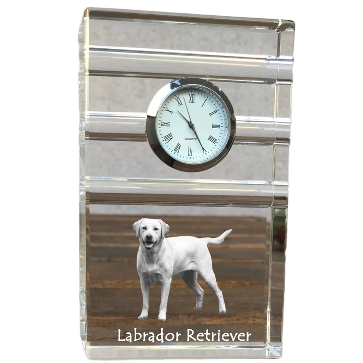 Ceas de birou personalizat Art-Dog, Labrador Retriever I, cristal optic, 14x8,6x2,4 cm