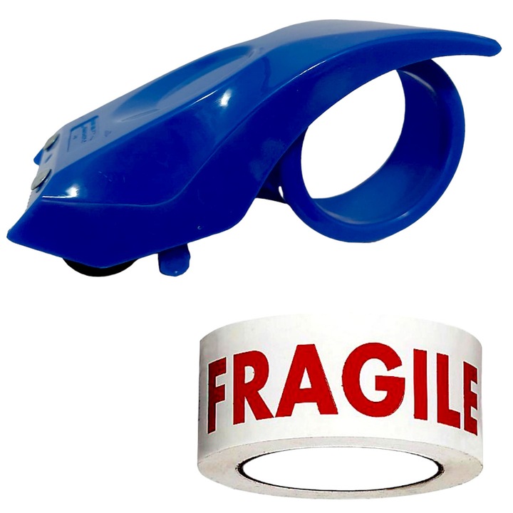 Dispenser banda adeziva, albastru, plastic, 155x55x110 mm, cu o rola banda adeziva, inscriptionata FRAGILE, latime 50 mm, lungime 60 m